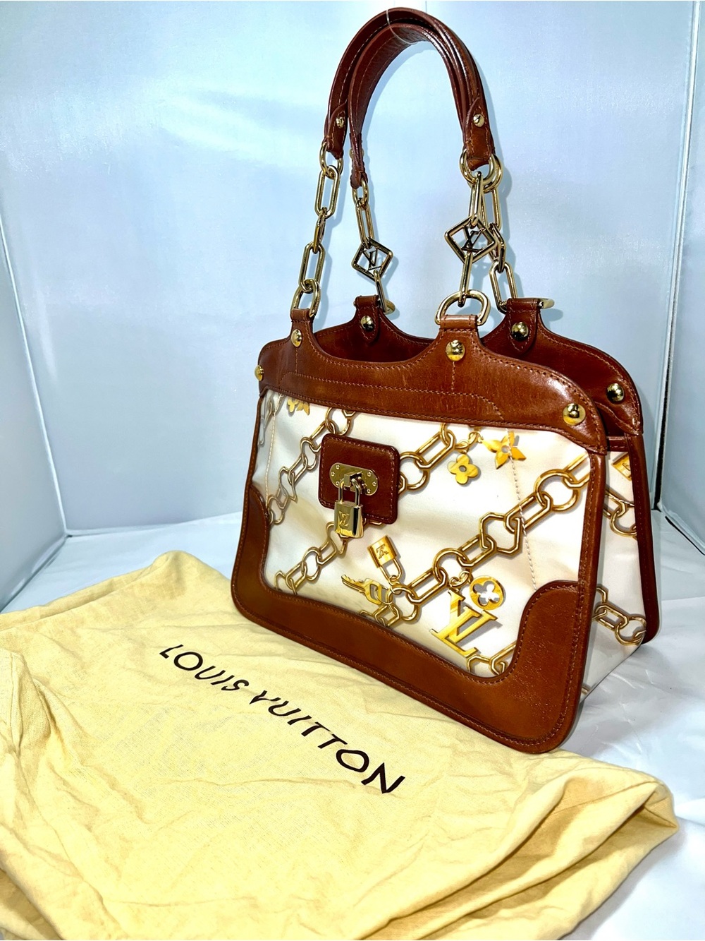 Louis Vuitton Brown & Cream Chain-Print Leather Satchel
